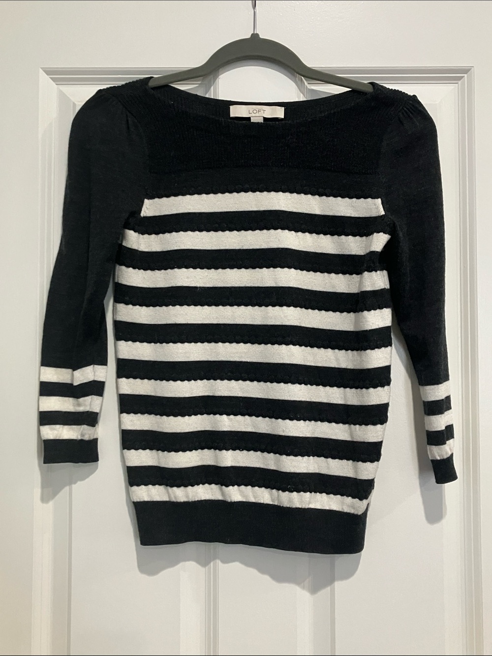 LOFT Dark Grey & White Striped Boatneck Sweater Top